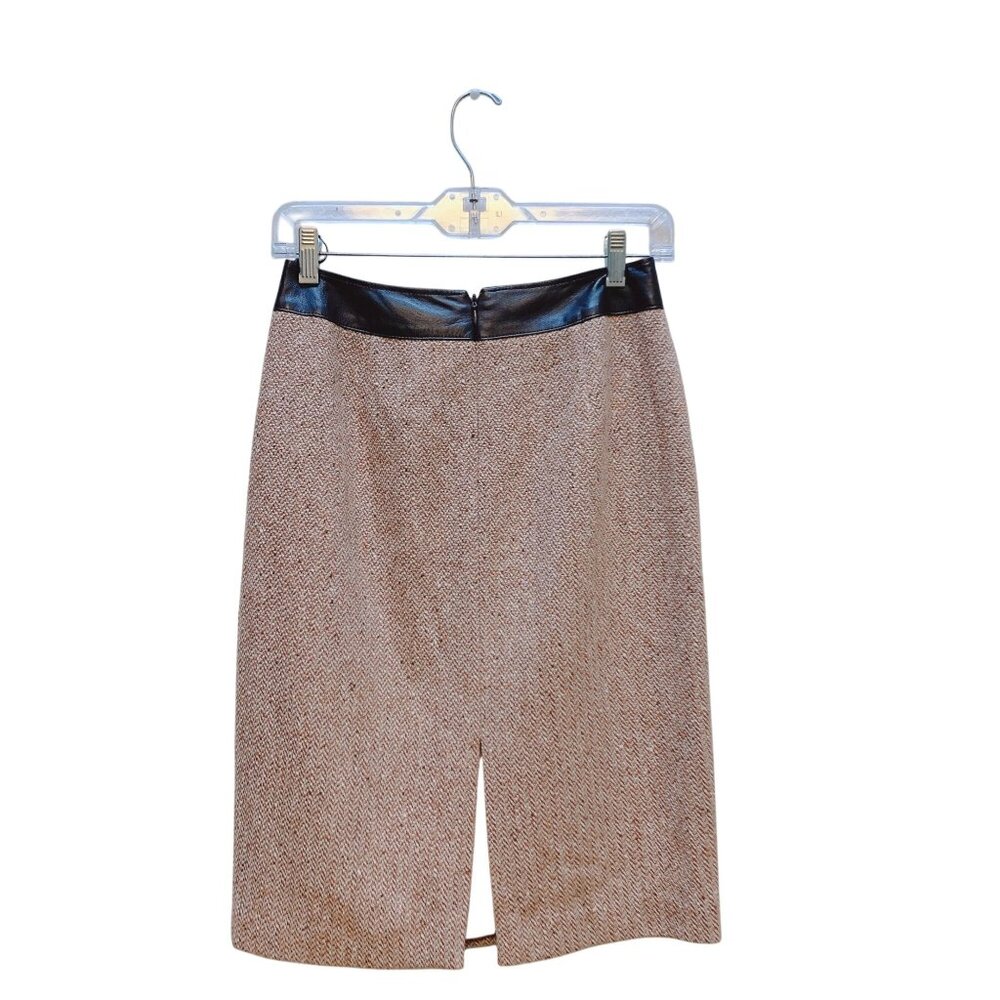 Lafayette 148 NY Tan Brown Tweed Pencil Skirt Faux Leather Waistband 2 - Picture 4 of 4